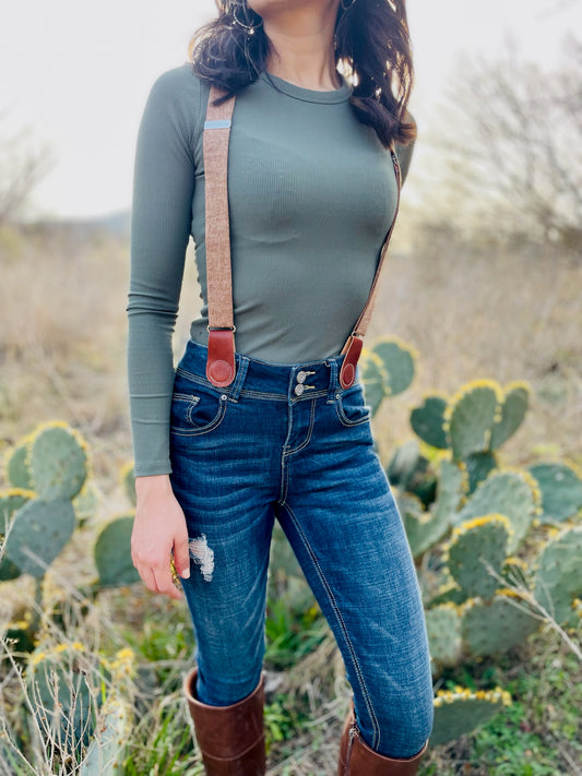 Women's Nutmeg Brown Magnetic Suspenders with Cognac Leather Attachments by Stratton Suspender Co. – Styled with vintage denim and boots in a desert landscape. Handmade in Texas with premium linen straps and vintage-inspired magnetic clasps. Perfect for Western Chic Style and boho-inspired casual fashion.